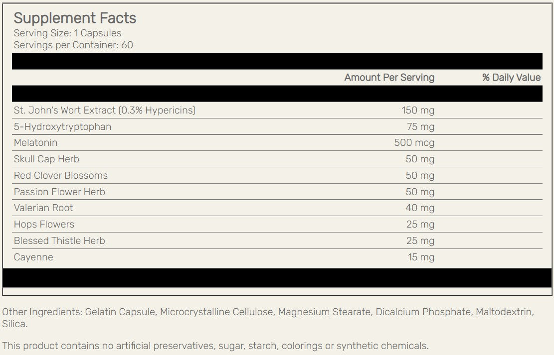 Label of Distinct Supplements specialized vitamin Mellow Out's supplement facts